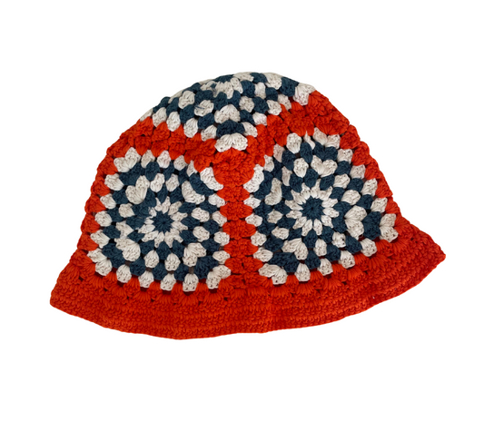 Red Orbit Hat, one-off hand-crocheted hat by Kazak Woolies