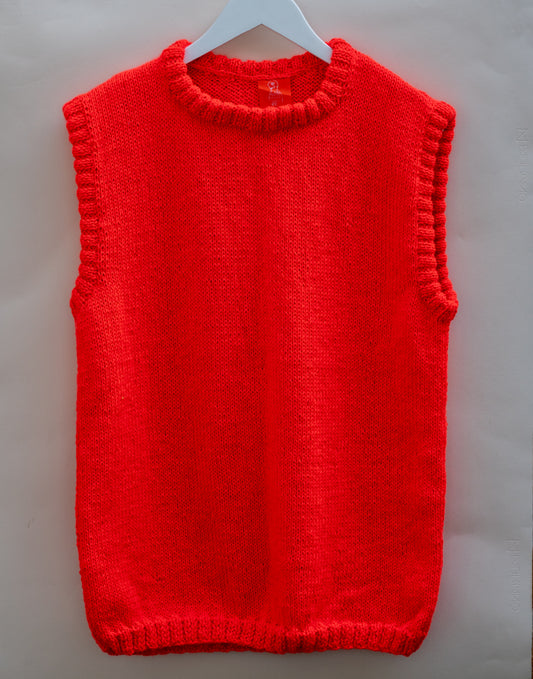 Red Vest, one-off hand-knitted vest by Kazak Woolies