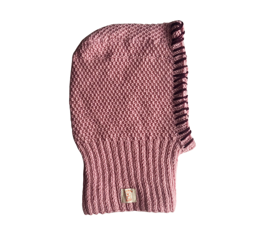 Rosewood Knit Balaclava, one-off hand-knitted balaclava by Kazak Woolies
