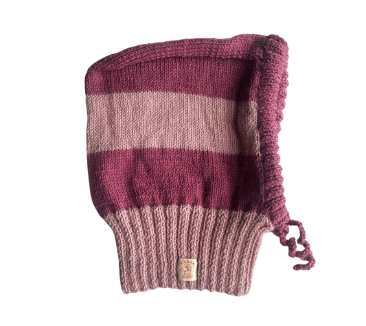 Rosewood Stripe Balaclava, one-off hand-knitted balaclava by Kazak Woolies