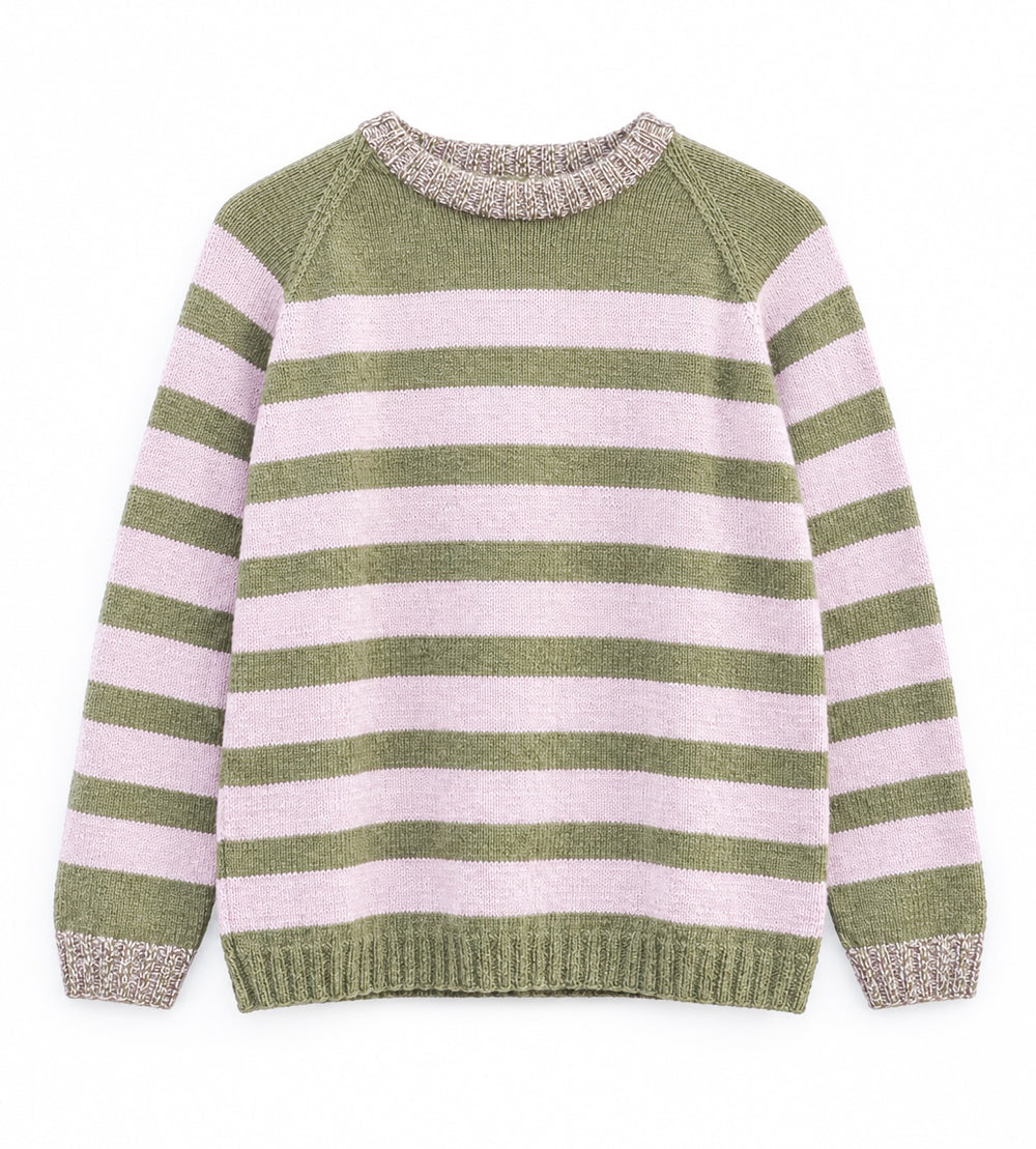 A knit crewneck sweater with horizontal stripes in olive green and light pink, featuring textured beige knit trim on the collar, cuffs, and hem.