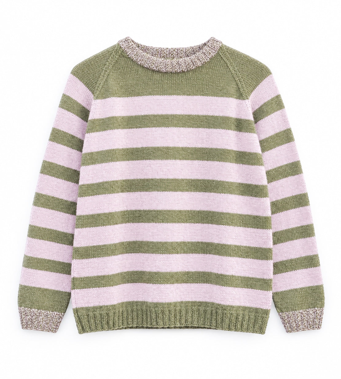 A knit crewneck sweater with horizontal stripes in olive green and light pink, featuring textured beige knit trim on the collar, cuffs, and hem.
