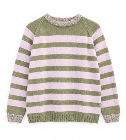 A knit crewneck sweater with horizontal stripes in olive green and light pink, featuring textured beige knit trim on the collar, cuffs, and hem.