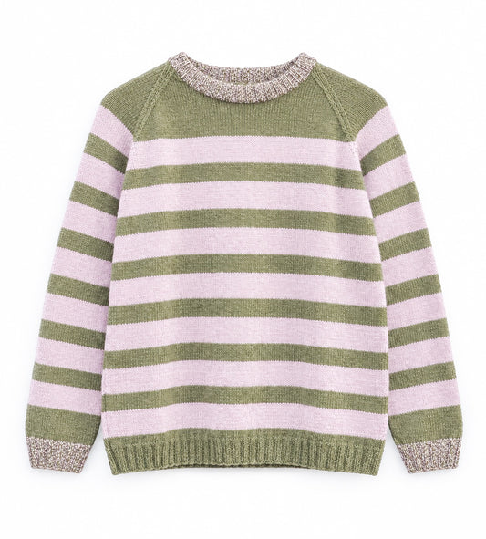A knit crewneck sweater with horizontal stripes in olive green and light pink, featuring textured beige knit trim on the collar, cuffs, and hem.