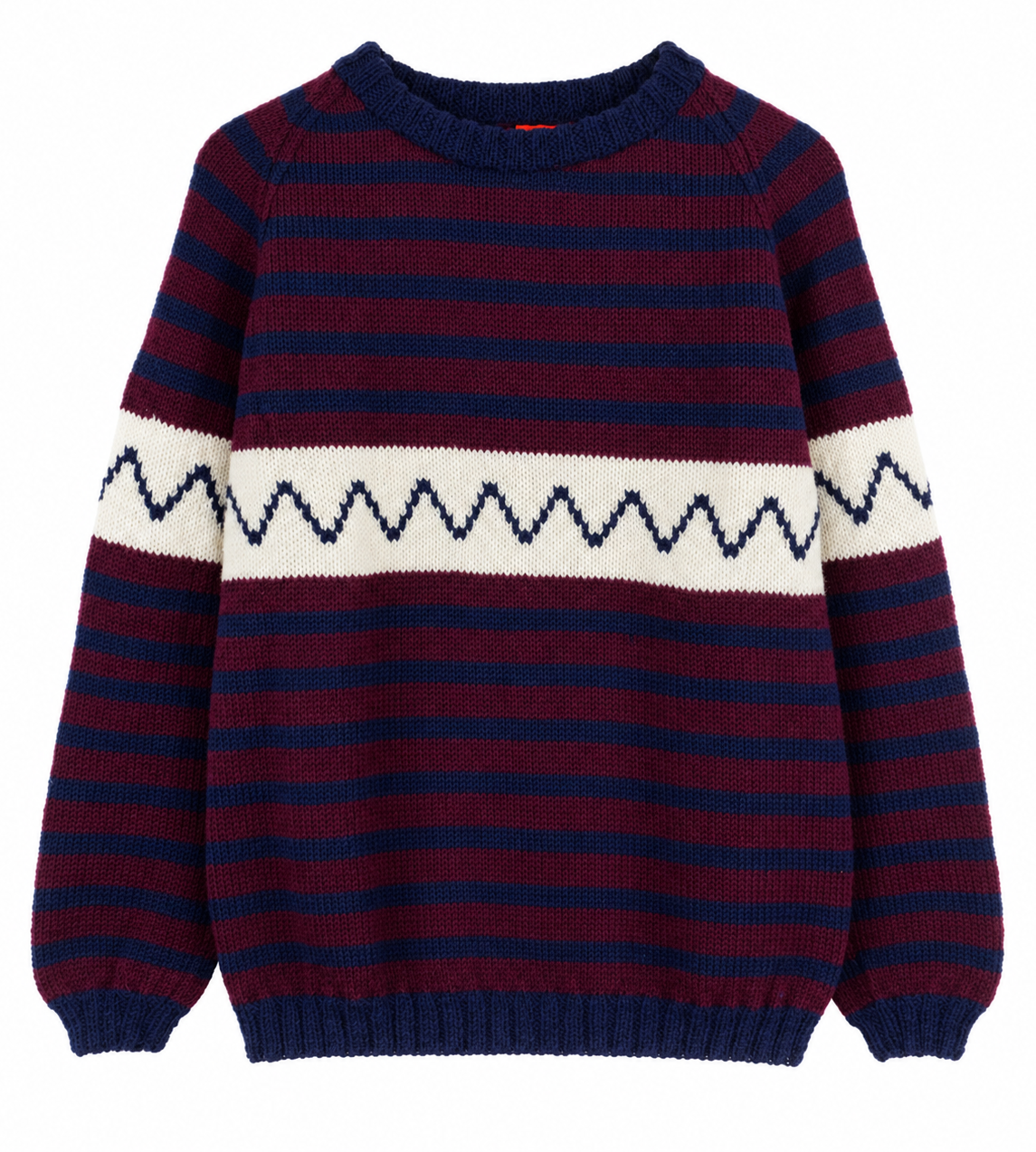 A crewneck knit sweater with horizontal navy and burgundy stripes, featuring a cream band across the chest with a navy zigzag pattern, shown on a plain white background.