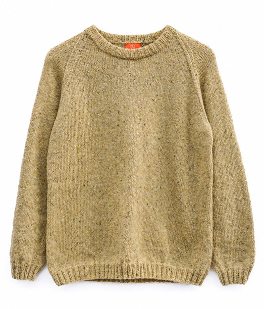 A textured knit crewneck sweater in a heathered olive-beige color, displayed flat against a solid white background.