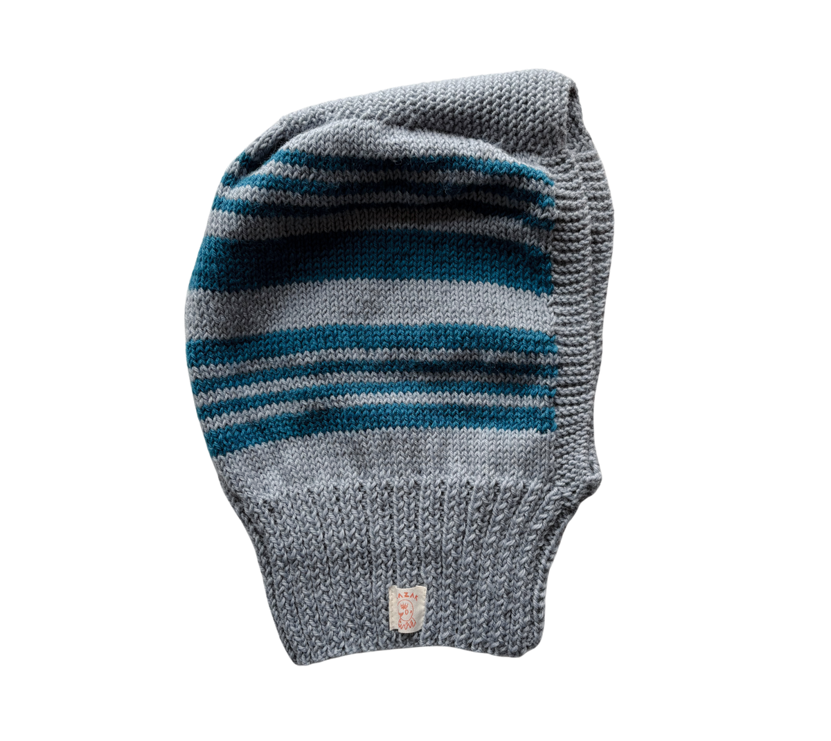 Steel Blue Stripe Balaclava, one-off hand-knitted balaclava by Kazak Woolies