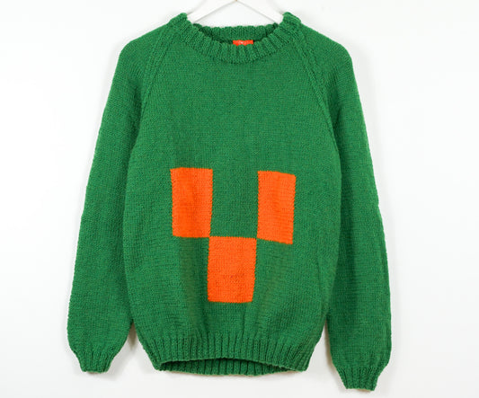 Sunset Orange and Green Checkered Jumper, one-off hand-knitted jumper by Kazak Woolies