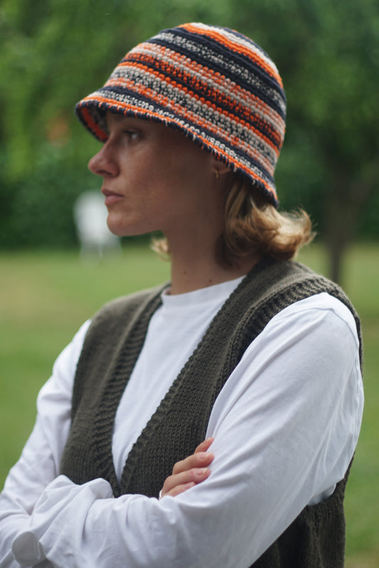 Sunset Stripes Hat, one-off hand-crocheted hat by Kazak Woolies