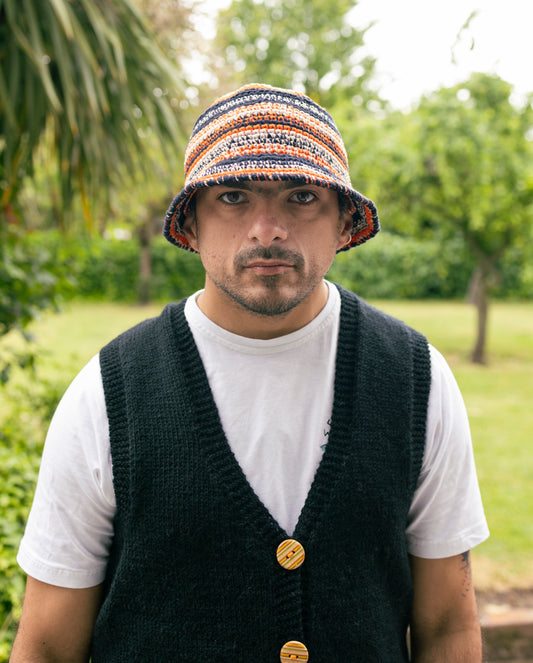Sunset Stripes Hat, one-off hand-crocheted hat by Kazak Woolies