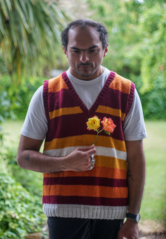 Sunset Vest, one-off hand-knitted vest by Kazak Woolies