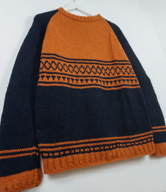 Terracotta Dark Navy Patterned Jumper, one-off hand-knitted jumper by Kazak Woolies