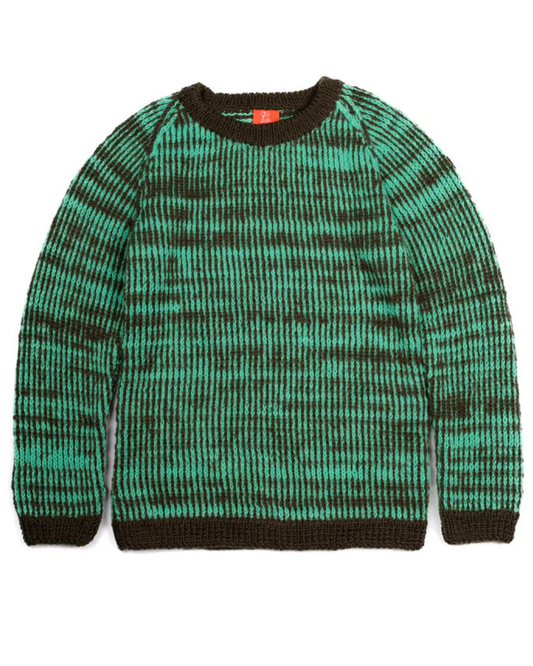 Green and brown patterned jumper on a white background