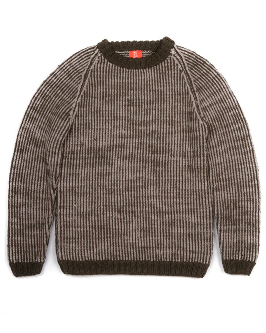 khaki jumper with black trim on a white background