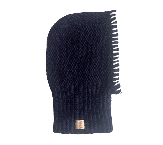 White Edge Navy Balaclava, one-off hand-knitted balaclava by Kazak Woolies