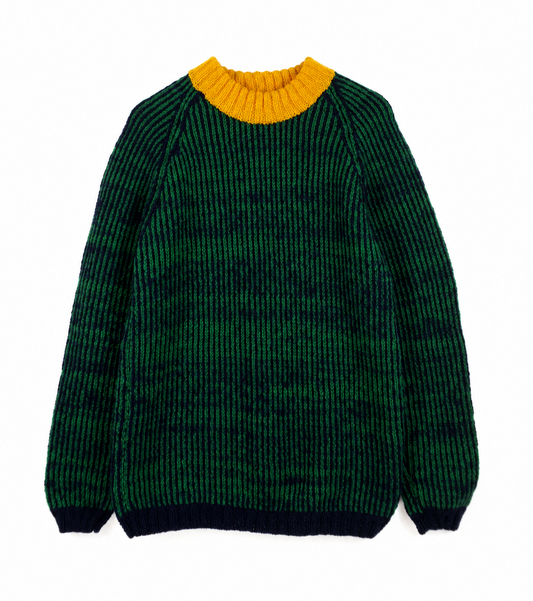 A dark green and black marled knit sweater with a contrasting mustard yellow ribbed crew neck, shown flat against a plain white background.