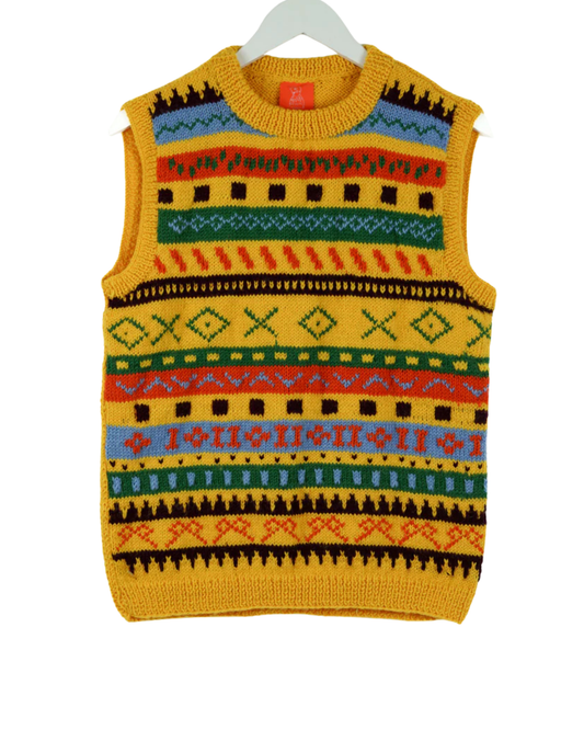 Yellow Heritage Vest, one-off hand-knitted vest by Kazak Woolies
