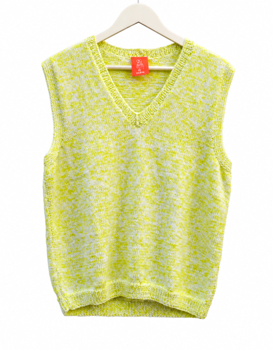 A sleeveless knit V-neck sweater vest in a bright yellow and white marled pattern, hanging on a white wooden hanger against a plain white background.